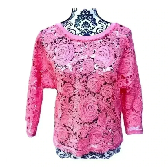 Vintage CHELSEA 28 Pink Crochet Victorian “Roses” Crew Neck 3/4 Sleeve Top (S) - Picture 2 of 7
